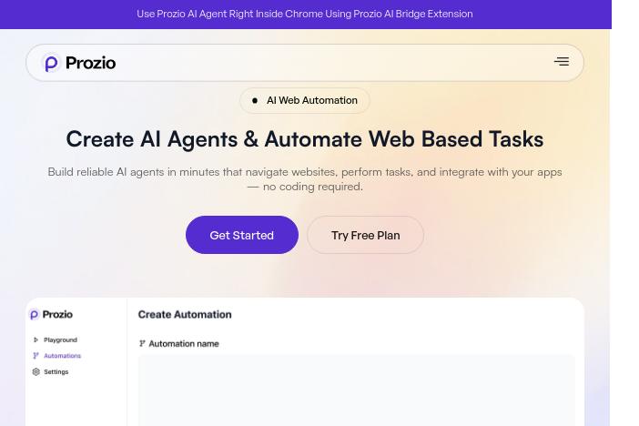 capture d'écran de prozio, outil d'automatisation web avec ai