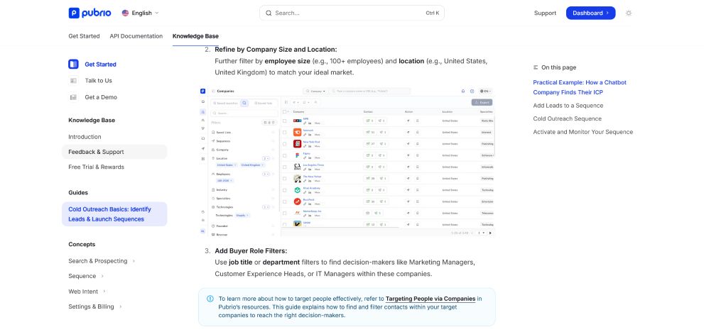 pubrio knowledge base page showing cold outreach basics guide
