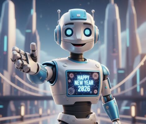 un robot avec un écran qui affiche 'happy new year 2026', il tend la main