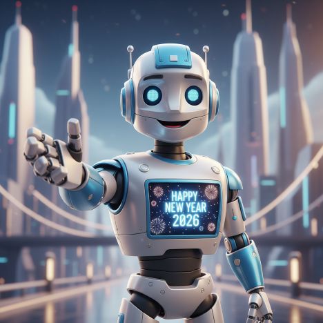 un robot avec un écran qui affiche 'happy new year 2026', il tend la main
