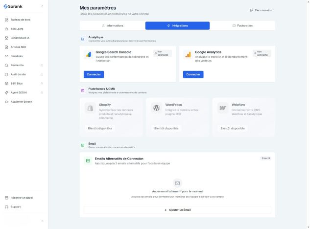 capture d'écran de la page de paramètres sorank