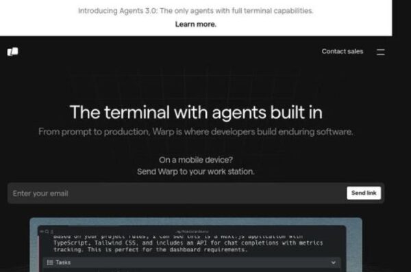 capture d'écran de la page d'accueil de warp, terminal avec agents intégrés.