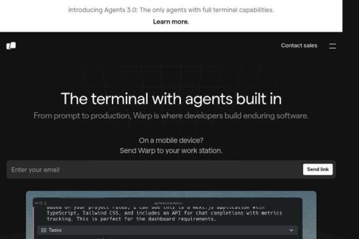 capture d'écran de la page d'accueil de warp, terminal avec agents intégrés.