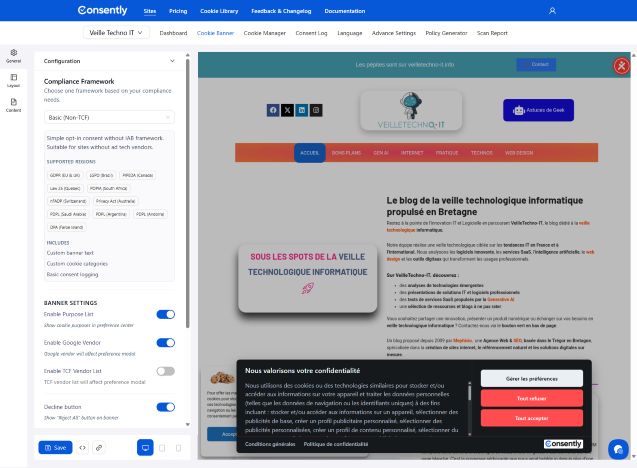 capture d'écran de la plateforme consentily pour la gestion des cookies