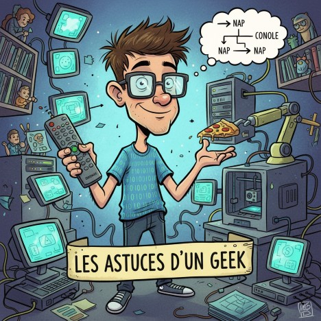 un homme avec des lunettes et un t-shirt bleu tient une pizza et une télécommande dans une pièce remplie d'ordinateurs et d'écrans.