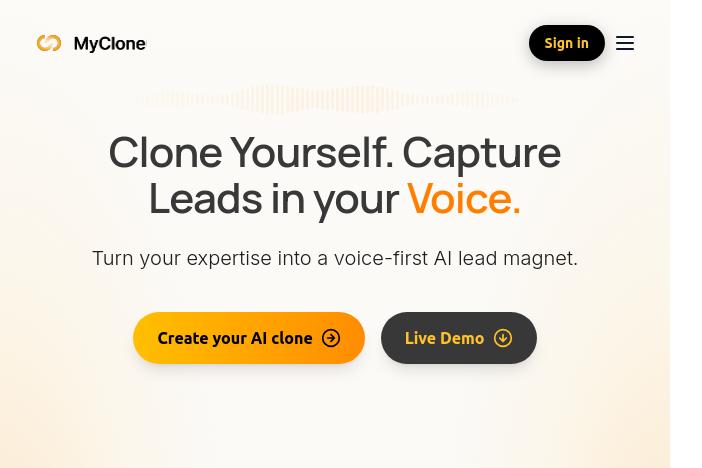 Page d'accueil MyClone clone vocal IA pour capture de leads