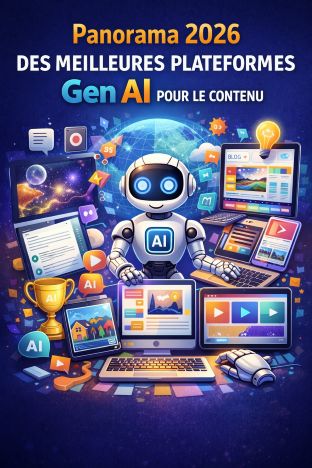 robot avec des écrans et des icônes de contenu autour de lui