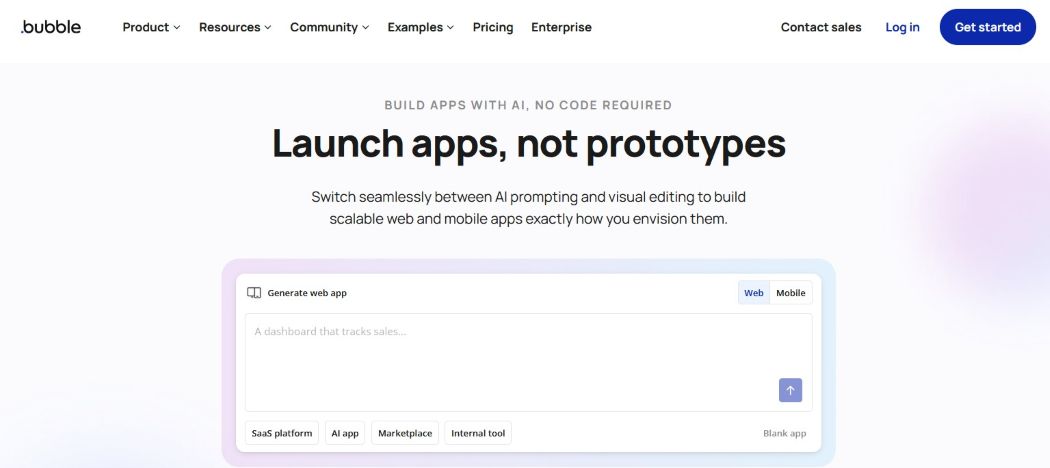 Capture d'écran de la plateforme Bubble pour créer des applications web et mobiles avec AI sans code