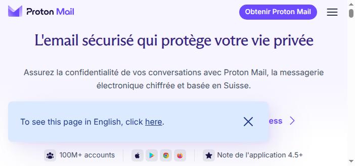 Page d'accueil de Proton Mail, messagerie sécurisée