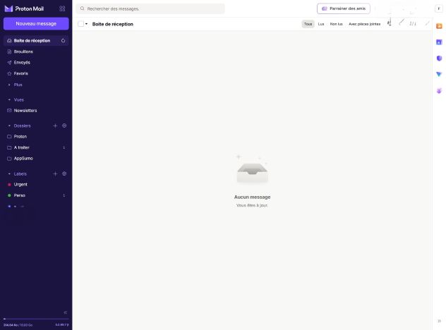 capture de la boite de réception proton mail vide