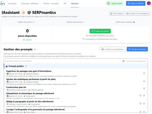 capture d'écran de la page de gestion des prompts de l'iassistant @ serpmantics. cette page permet de gérer et de personnaliser les prompts pour l'outil d'assistance.