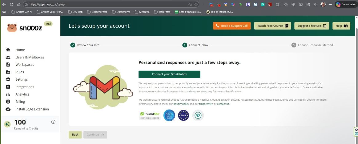 page de configuration du compte snoooz pour les réponses personnalisées aux e-mails.