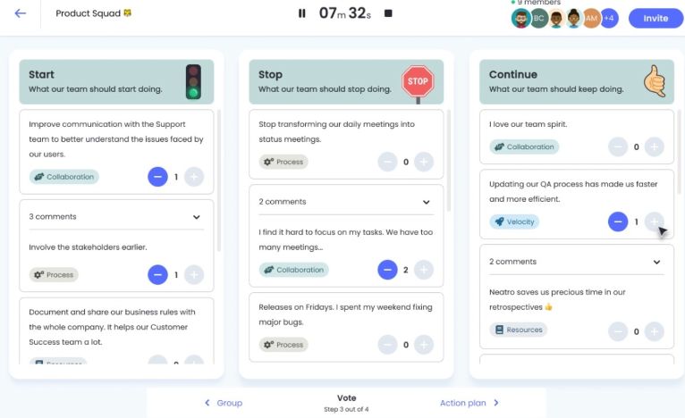 un tableau de bord numérique montrant les tâches à commencer, à arrêter et à continuer dans une équipe.