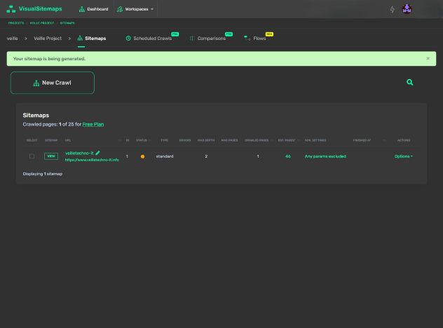 visualsitemaps sitemaps page with one sitemap being generated