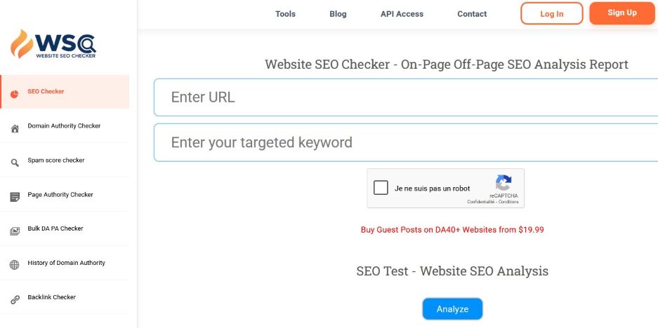 Capture d'écran de l'outil de vérification SEO