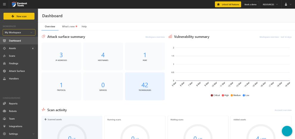 capture d'écran du tableau de bord de pentest-tools.com
