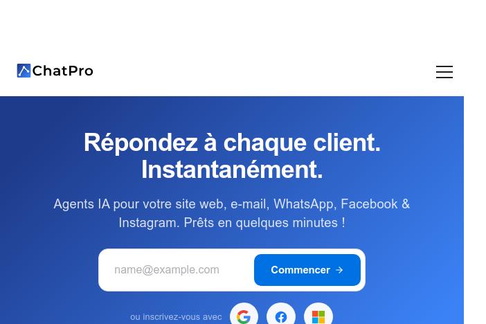 chatpro, agents ia pour votre site web, e-mail, whatsapp, facebook & instagram.