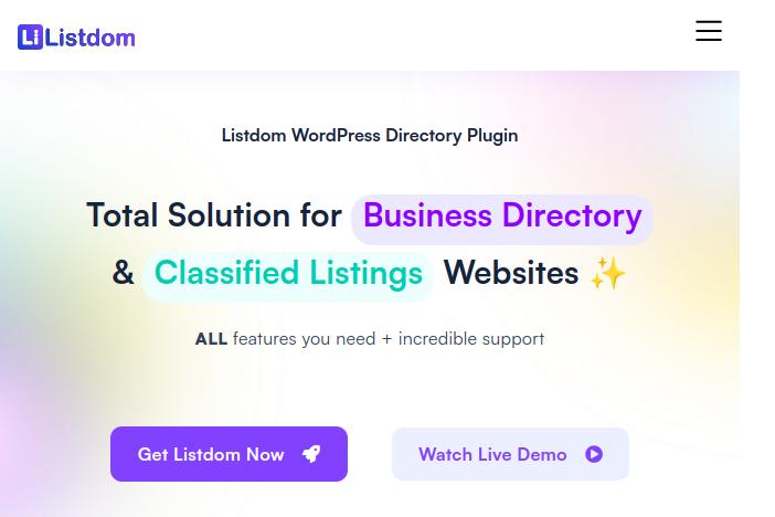 Capture d'écran du site Listdom présentant son plugin WordPress pour la création d'annuaires et de listings classifiés.