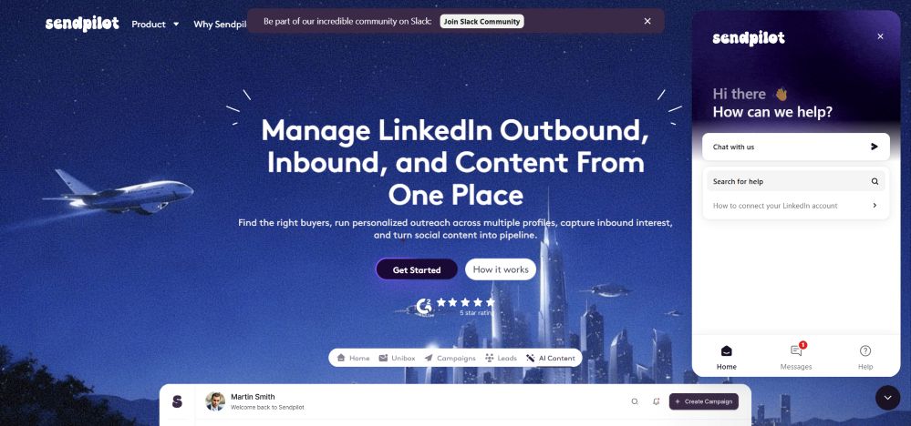 Capture écran SendPilot page d'accueil. Gestion de LinkedIn