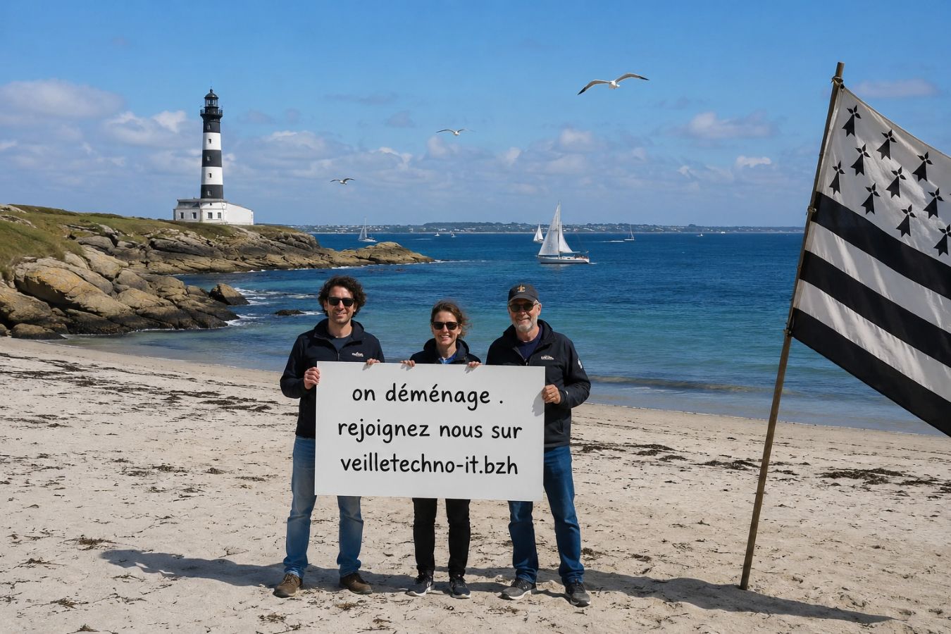 Trois personnes sur une plage avec un panneau d'information