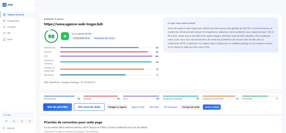 un graphique à barres colorées montrant les résultats d'un audit de performance web. la note globale est de 90/100.